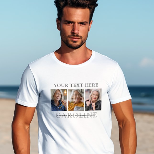 Moderne 3-Foto-Textbeerdigung/Gedenkfeier T-Shirt (Von Creator hochgeladen)