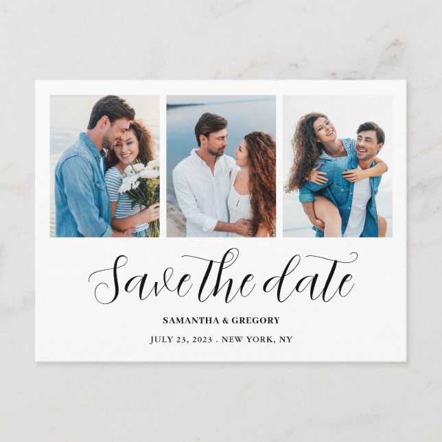Moderne 3 Fotocollage Save the Date Hochzeit Ankündigungspostkarte (Vorderseite)