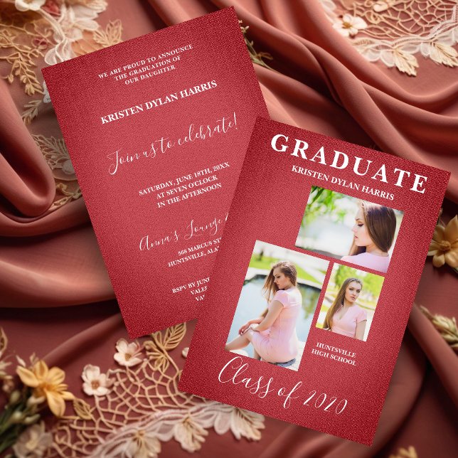 Moderne 3 Fotos Collage Grad Textur (Red Modern 3 Photos Collage Graduation Fabric Texture Effect Invitation Card  with Envelope.)