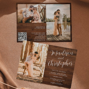 Moderne 3 Fotos heißen Holz Qr Hochzeit Einladung