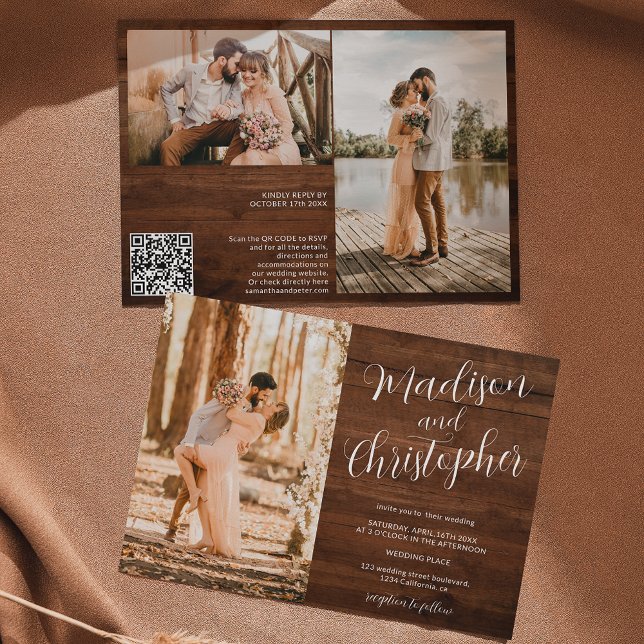 Moderne 3 Fotos heißen Holz Qr Hochzeit Einladung (Von Creator hochgeladen)