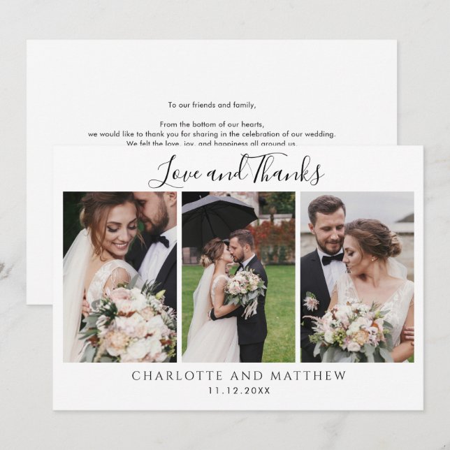 Moderne 3 Fotos Hochzeit Danke Mitteilungskarte (Vorne/Hinten)