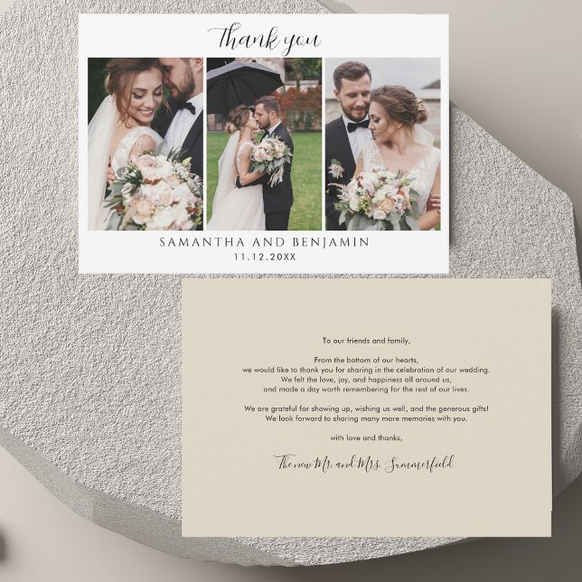 Moderne 3 Fotos Hochzeit Danke Mitteilungskarte (Modern 3 Photos Wedding Thank You Note Card)