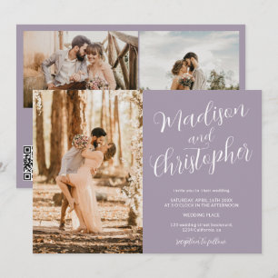 Moderne 3 Fotos Namen lavender Qr Hochzeit Einladung