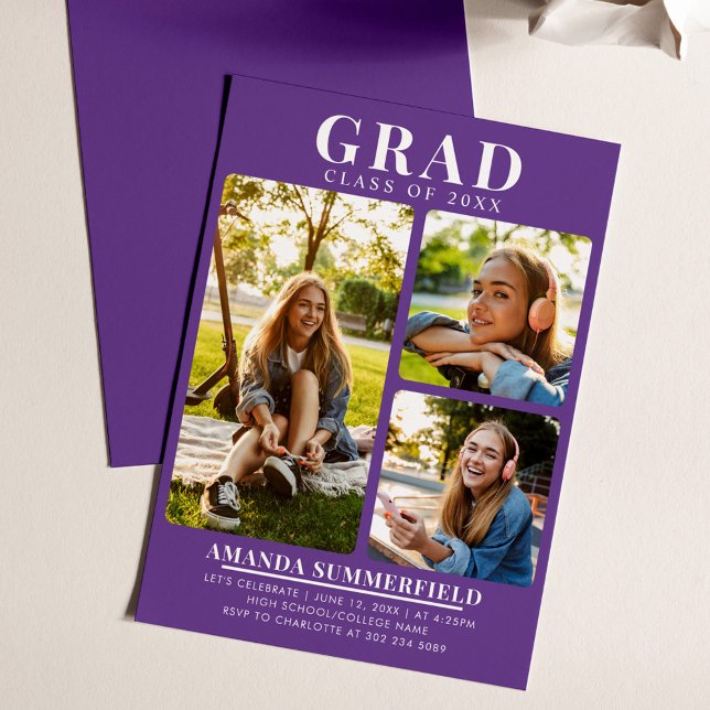 Moderne 3 Graduate Fotos Lila Graduate Party Einladung (Graduation Photo Collage Purple Grad Party Invitation)