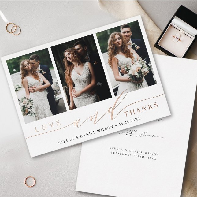 Moderne 3 Photo Rose Gold Carte de remerciements (Front & Back)