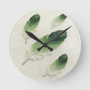 Moderne 3D-Grüne-Feder-Impasto-Acryl-Minimalist Runde Wanduhr