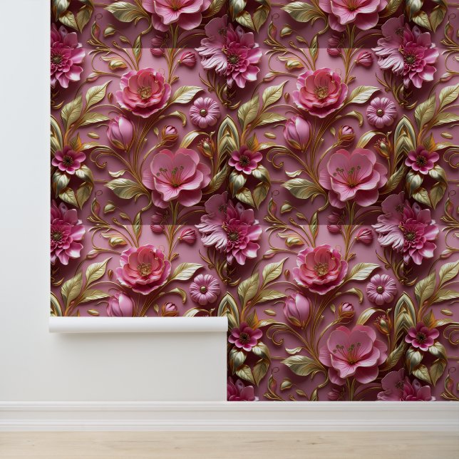 Moderne 3D-Rosa Blume Gold Leaf Peel and Stick Tapete (Anwendung)
