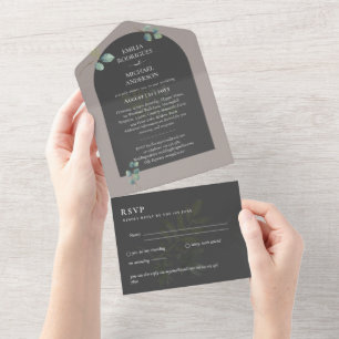 Moderne 3in1 Grünpflanzen Eukalyptus Hochzeit RSVP All In One Einladung