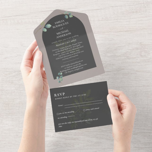 Moderne 3in1 Grünpflanzen Eukalyptus Wedding RSVP All In One Einladung (Abreißen)