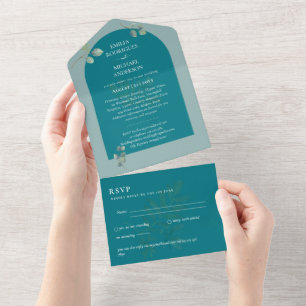 Moderne 3in1 Grünpflanzen Eukalyptus Wedding RSVP All In One Einladung