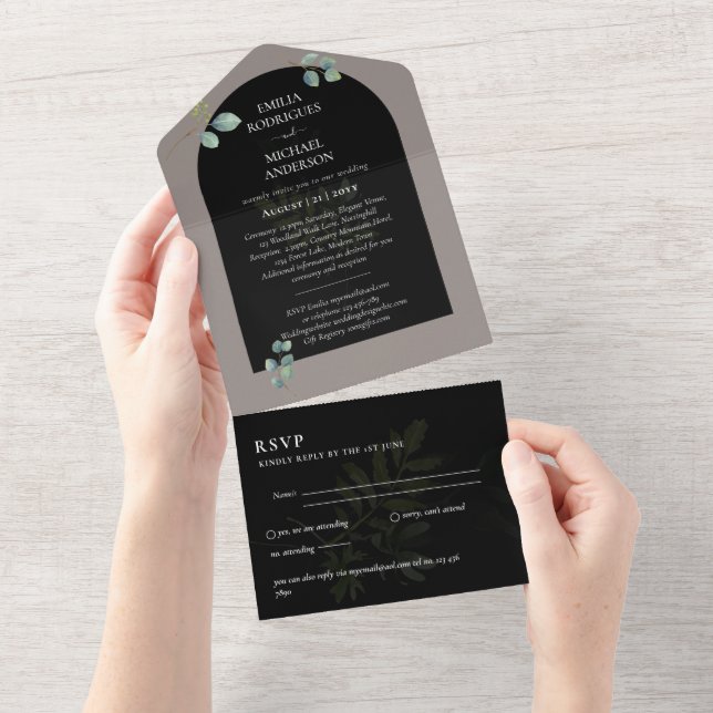 Moderne 3in1 Grünpflanzen Eukalyptus Wedding RSVP All In One Einladung (Abreißen)