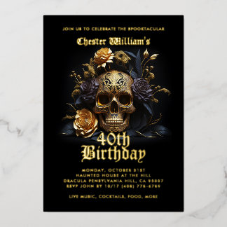 Moderne 40. GEBURTSTAG GOLD SKULL ROSE Folieneinladung