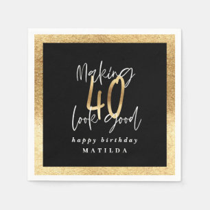 Moderne 40 schwarze und goldene Typografie Geburts Serviette