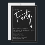 Moderne 40. Vierzigste Geburtstagsparty im Schwarz Einladung<br><div class="desc">Moderne 40. Geburtstagseinladung in Schwarz mit weißer Schrift/Typografie. Die passenden Artikel und das Party sind ebenfalls verfügbar. Bitte nutzen Sie den unten stehenden Button für die Nachricht,  um weitere Anpassungen und spezielle Anfragen zu erhalten. © Zoe Chapman Design</div>
