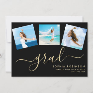 Moderne 4 Foto-Collage Abschlussfeier Gold Schwarz Einladung