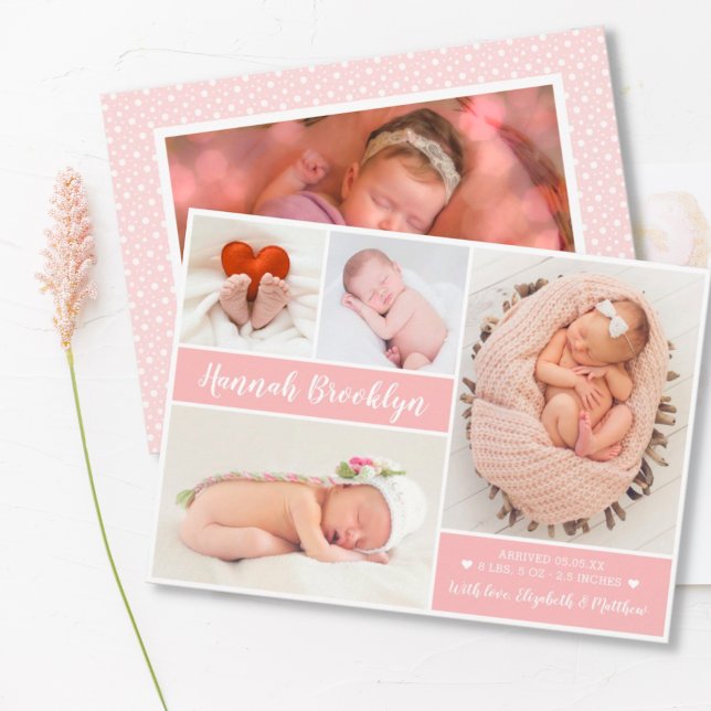 Moderne 4 Foto Collage Birth Announccard Ankündigung (Von Creator hochgeladen)