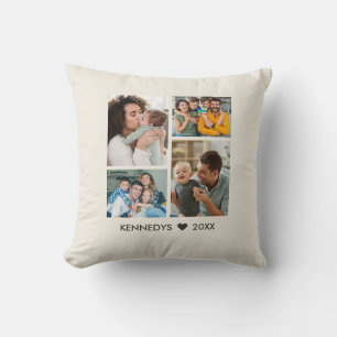 Moderne 4-Foto-Collage-Familienname-Andenken Creme Kissen