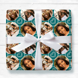 Moderne 4 Foto Collage Kreis Herz Muster Grün Geschenkpapier