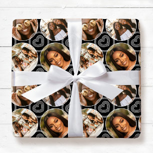 Moderne 4 Foto Collage Kreis Herz Muster Schwarz Geschenkpapier