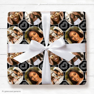 Moderne 4-Foto-Collage-Kreis-Herz-Muster Schwarz Geschenkpapier