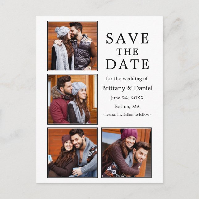 Moderne 4-Foto-Verlobung Save the Date Postkarte (Vorderseite)