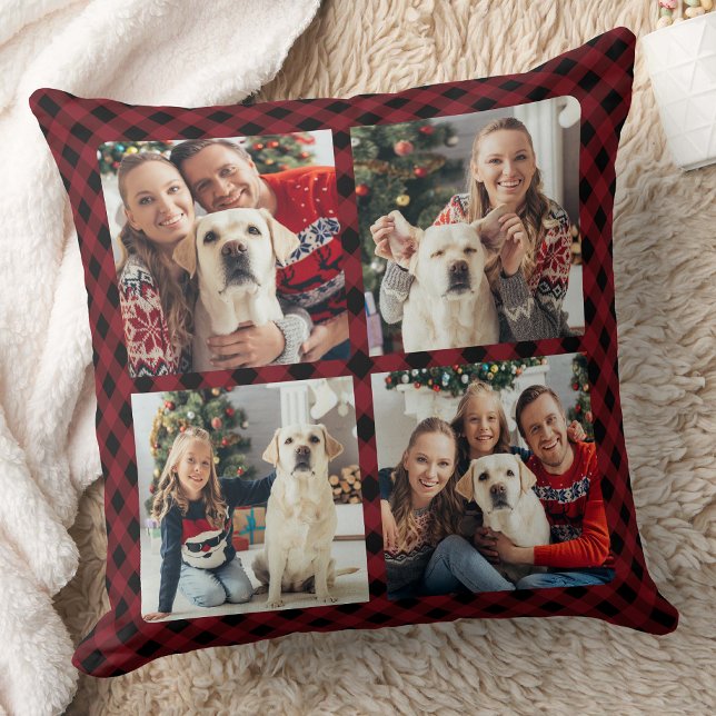 Moderne 4 Fotos Personalisiert Holiday Rot Kariert Kissen (Von Creator hochgeladen)