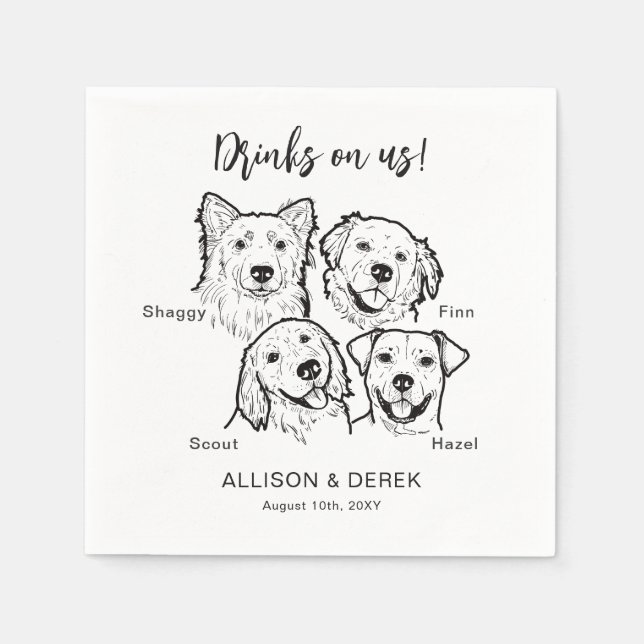 Moderne 4 Hunde trinken auf Haustier Hund Hochzeit Serviette (Vorderseite)