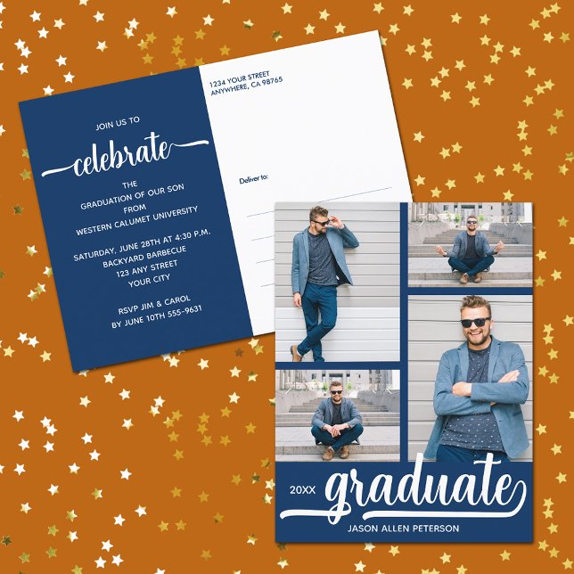 Moderne 4 Photo Collage Blue Graduate Invitation (Modern 4 photo collage blue graduate party invitation postcards)