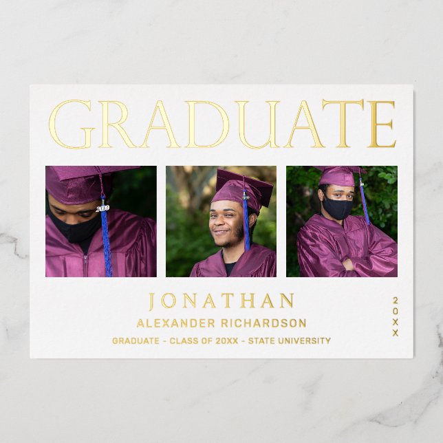 Moderne 4 Photo Foil Faire-part de graduation Blan (Recto)