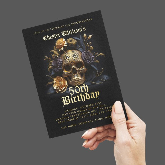 Moderne 50. GEBURTSTAG GOLD SKULL ROSE Folieneinladung (Von Creator hochgeladen)
