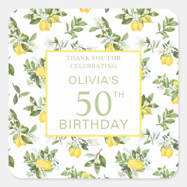 Moderne 50. Geburtstag Lemon Citrus Botanical Quadratischer Aufkleber (Vorderseite)