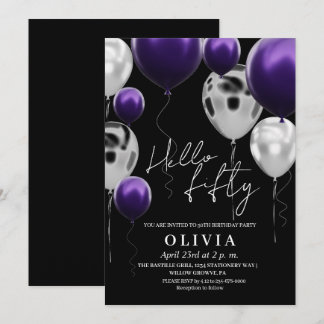 Moderne 50. Geburtstag Schwarzes Silber Lila Ballo Einladung