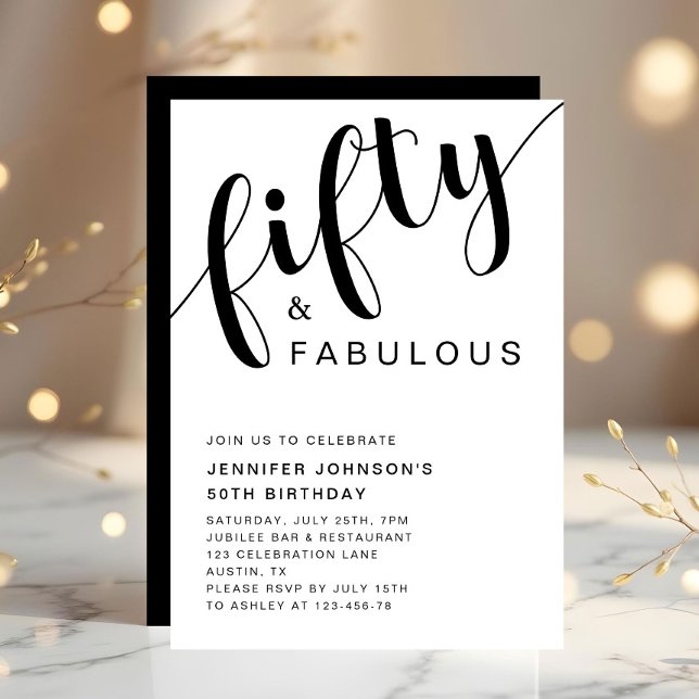 Moderne 50 und fabelhafte 50. Geburtstag Einladung (Minimalist Black And White 50th Birthday Invitation)