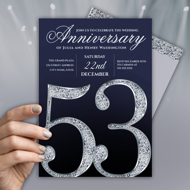 Moderne 53. Hochzeitstag Diamant Silber Navy Blau Einladung (Von Creator hochgeladen)