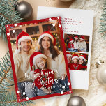 Moderne 5 Foto Collage Frohe Weihnachten<br><div class="desc">Einfache,  minimale stylische fünf Fotos der Familie "Frohe Weihnachten und ein glückliches neues Jahr" (veränderlich) Typografie-Skript überlagert Weihnachtskarten-Vorlage mit einem hellen roten Rahmen und Schneeflocken.                        Einfach mit Ihren Bildern,  Text,  Namenssignatur und Wünschen auf beiden Seiten personalisieren!</div>
