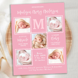 Moderne 5-Foto-Geburtsanzeige Baby Pink Neugeboren Postkarte