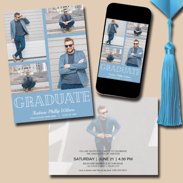 Moderne 5-Foto Graduierungspartei Pulver blau Einladung (Powder blue modern 4 photo graduation party invitations - PRINTED and/or INSTANT DOWNLOAD)