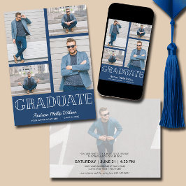 Moderne 5-Foto-Graduierungsparty Navy Blue Einladung