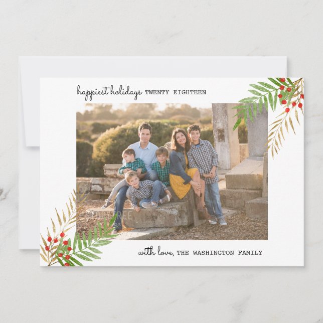 Moderne 5 Foto Happiest Holidays Weihnachten Holly (Vorderseite)