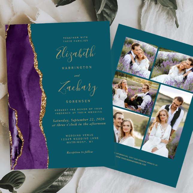 Moderne 5-Foto-Lila Goldgräber-Aquamarin-Hochzeit Einladung (Von Creator hochgeladen)
