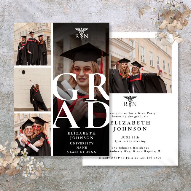Moderne 5-Foto-RN-Pflegestudio Einladung (Modern 5 Photo RN Nursing Graduation Party Invitation)