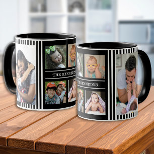 Moderne 6-Foto-Collage Familienname Schwarz Gestre Tasse