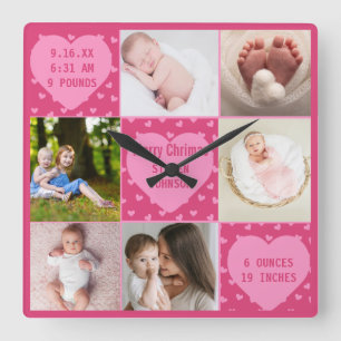 Moderne 6-Foto-pink Geburtsanzeige Baby Mädchen Quadratische Wanduhr