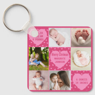 Moderne 6-Foto-pink Geburtsanzeige Baby Mädchen Schlüsselanhänger