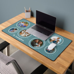 Moderne 6 runde Fotos auf Türkis Schreibtischunterlage