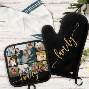 Moderne 9-Foto-Collage-Familie Goldschrift Schwarz Ofenhandschuh & Topflappen-Set