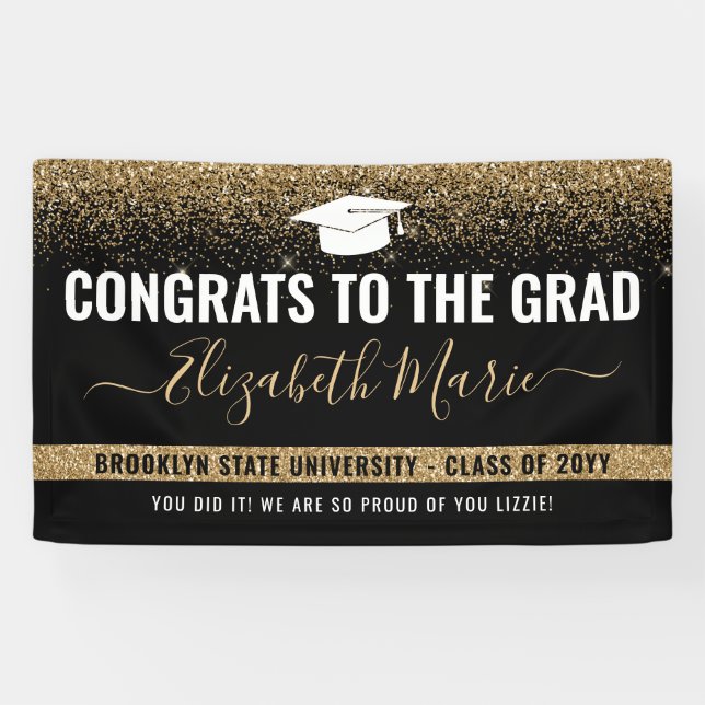 Moderne Abschluss Black Gold Glitzer Class 2021 Banner (Horizontal)