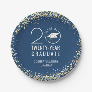 Moderne Abschluss Class Jahr Blue Gold Confetti Pappteller