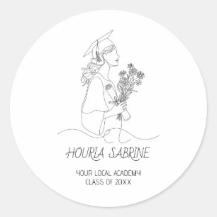 Moderne Abschluss Schwarz-weiß-Line-Art-Absolventi Runder Aufkleber